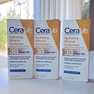 Cerave Hydrating Mineral Sunscreen Face Sheer Tint SPF 30 - 3 PACK (SOLD AS SET)